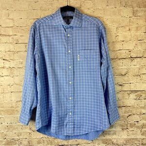 Faconnable Mens 15 1/2 R Blue & White Plaid Long Sleeve Button Down Shirt Cotton